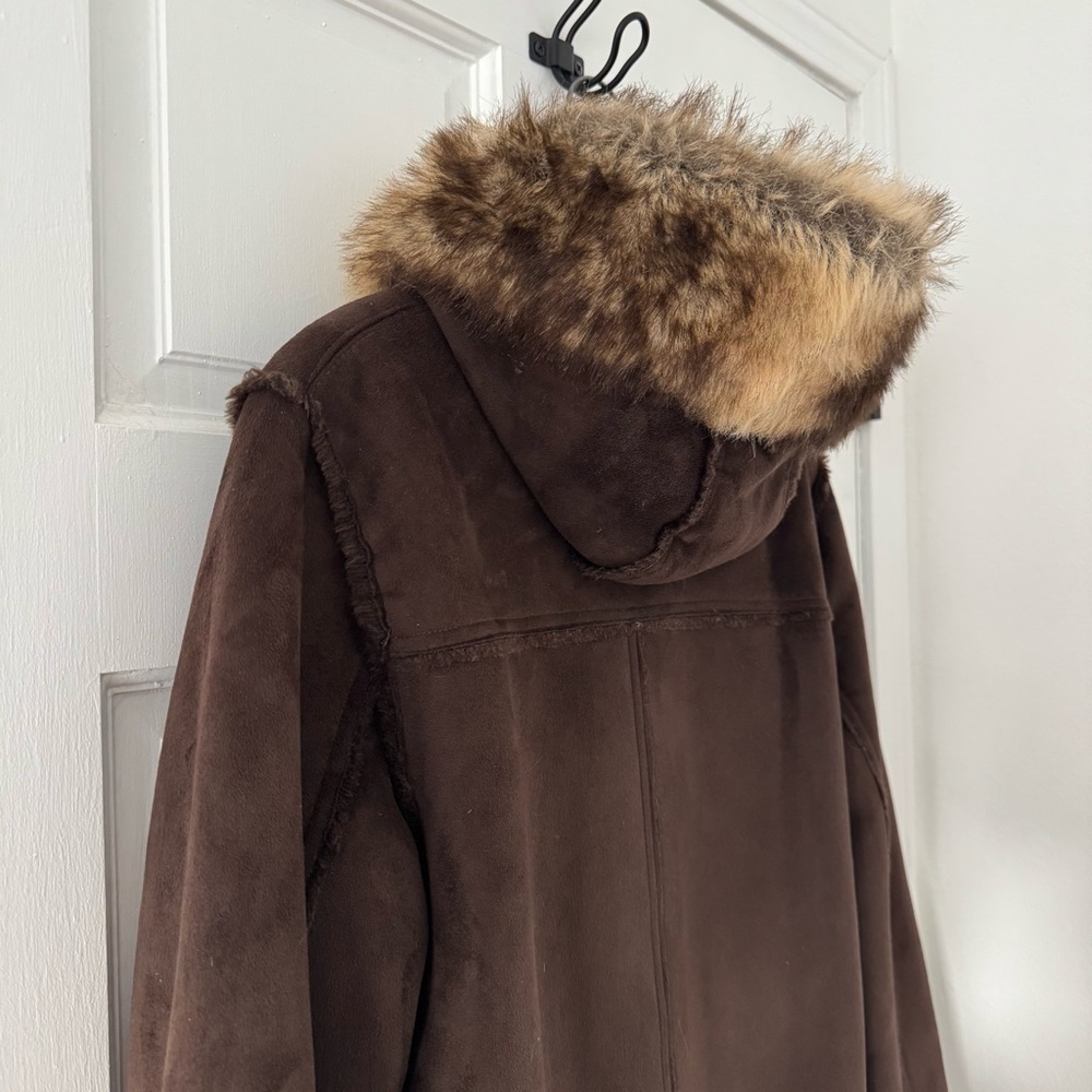 Chocolate Brown Faux Fur Trimmed Women's Pea Coat - Picture 4 of 4